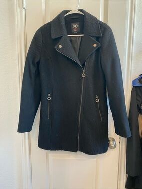Cole Haan Black Wool-Blend Asymmetrical Zip Pea Coat with Faux Shearling Collar
